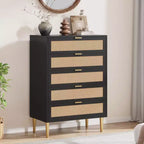 Cassettiera a 5 cassetti in Rattan con Gambe Dorate, Cassettiera Alta per Camera da Letto e Soggiorno