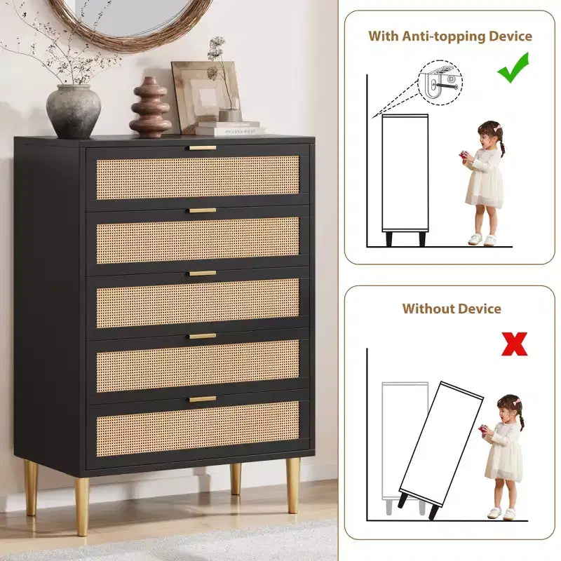 Cassettiera a 5 cassetti in Rattan con Gambe Dorate, Cassettiera Alta per Camera da Letto e Soggiorno