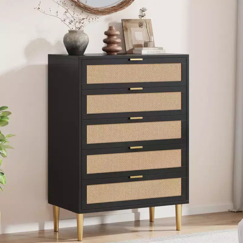 Cassettiera a 5 cassetti in Rattan con Gambe Dorate, Cassettiera Alta per Camera da Letto e Soggiorno