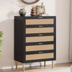 Cassettiera a 5 cassetti in Rattan con Gambe Dorate, Cassettiera Alta per Camera da Letto e Soggiorno