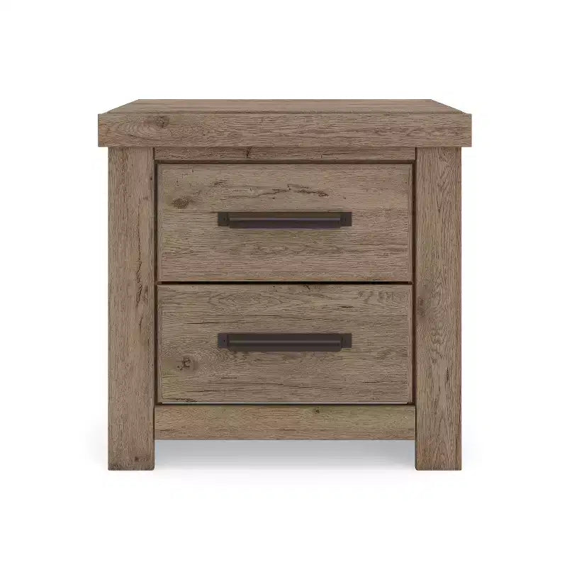 Comodino Contoura a due cassetti, aspetto rustico in legno marrone chiaro con ricarica USB