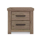 Comodino Contoura a due cassetti, aspetto rustico in legno marrone chiaro con ricarica USB