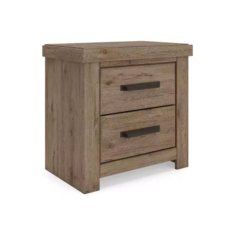 Comodino Contoura a due cassetti, aspetto rustico in legno marrone chiaro con ricarica USB