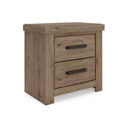 Comodino Contoura a due cassetti, aspetto rustico in legno marrone chiaro con ricarica USB