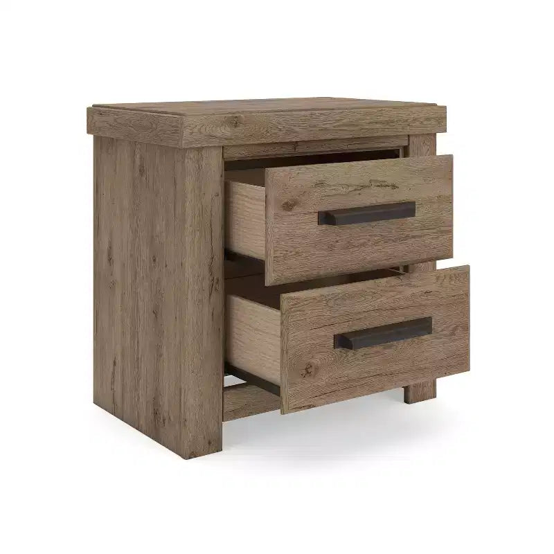 Comodino Contoura a due cassetti, aspetto rustico in legno marrone chiaro con ricarica USB