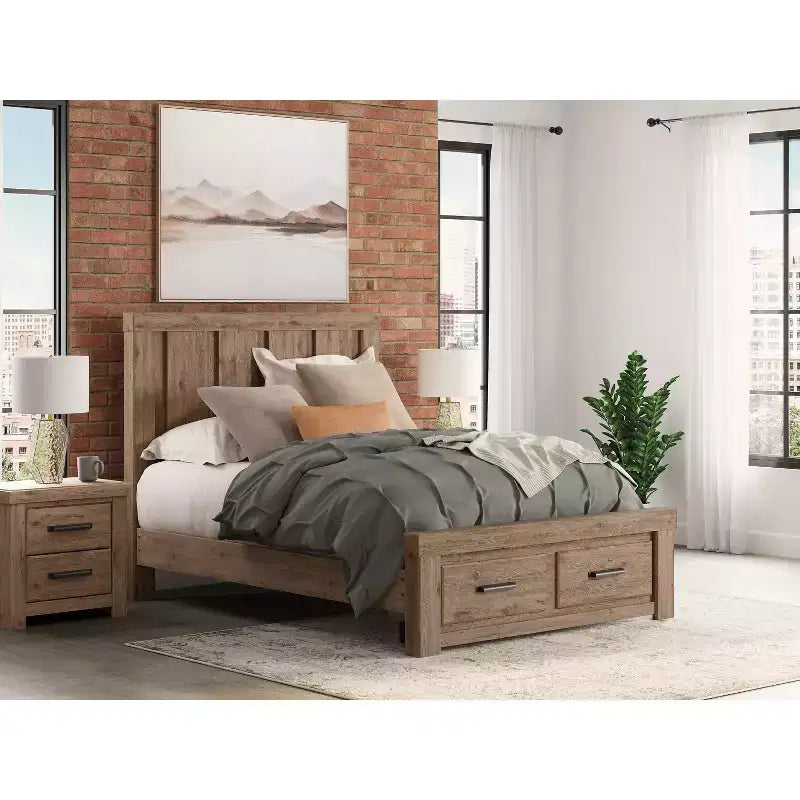 Comodino Contoura a due cassetti, aspetto rustico in legno marrone chiaro con ricarica USB
