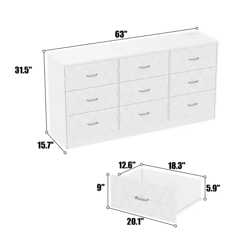 Cassettiera a 9 cassetti, cassettiera lunga per camera da letto, grande mobile contenitore moderno, organizer con cassetti in legno con maniglie in metallo, per camera da letto, soggiorno