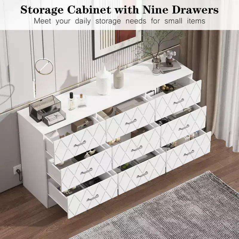 Cassettiera a 9 cassetti, cassettiera lunga per camera da letto, grande mobile contenitore moderno, organizer con cassetti in legno con maniglie in metallo, per camera da letto, soggiorno