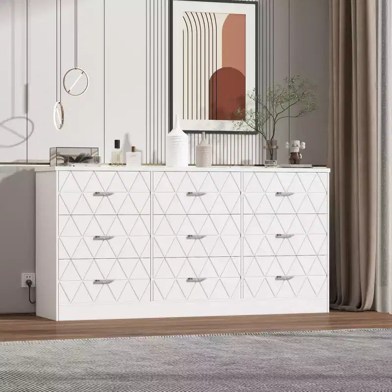 Cassettiera a 9 cassetti, cassettiera lunga per camera da letto, grande mobile contenitore moderno, organizer con cassetti in legno con maniglie in metallo, per camera da letto, soggiorno