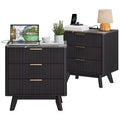 Set of 2 Nightstand, 24'' Wide 3-Drawer Black Wave Pattern Night Stand with Charging Station, Modern Bedside Table for Bedroom/Living Room
