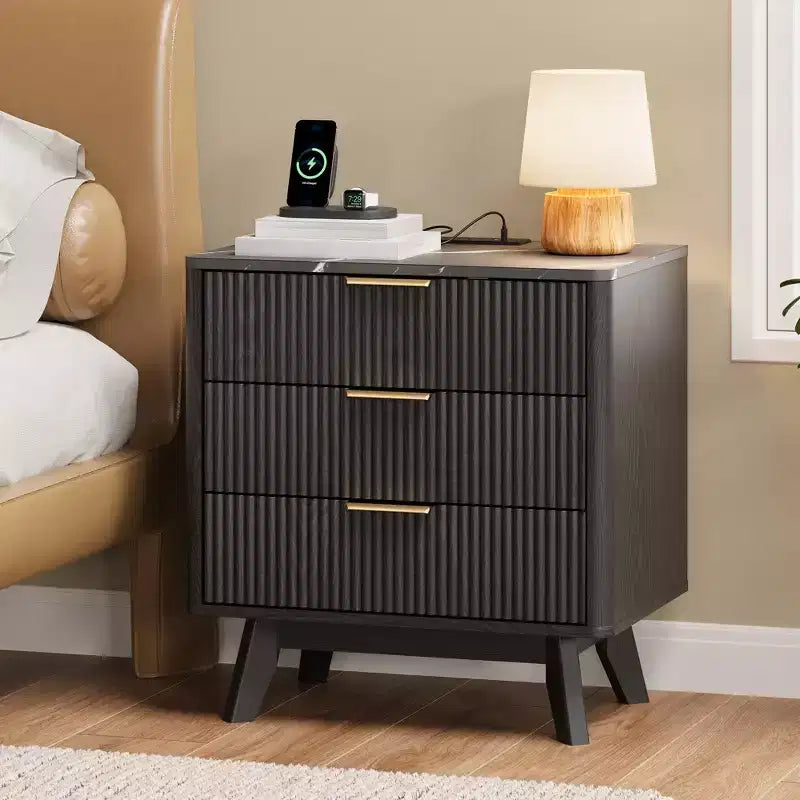 Set di 2 Comodini, Comodino Moderno con 3 Cassetti da 61 cm, Motivo a Onde Nero con Stazione di Ricarica, Tavolino da Notte per Camera da Letto/Soggiorno