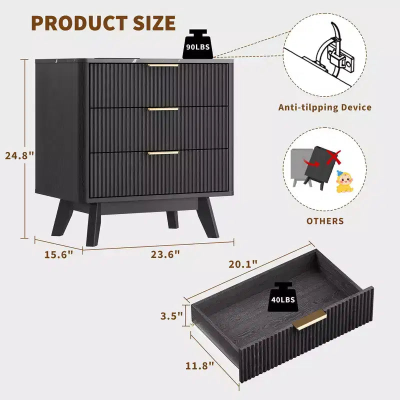 Set di 2 Comodini, Comodino Moderno con 3 Cassetti da 61 cm, Motivo a Onde Nero con Stazione di Ricarica, Tavolino da Notte per Camera da Letto/Soggiorno