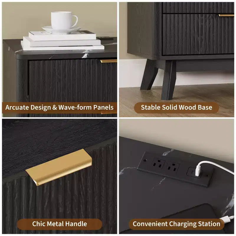 Set di 2 Comodini, Comodino Moderno con 3 Cassetti da 61 cm, Motivo a Onde Nero con Stazione di Ricarica, Tavolino da Notte per Camera da Letto/Soggiorno