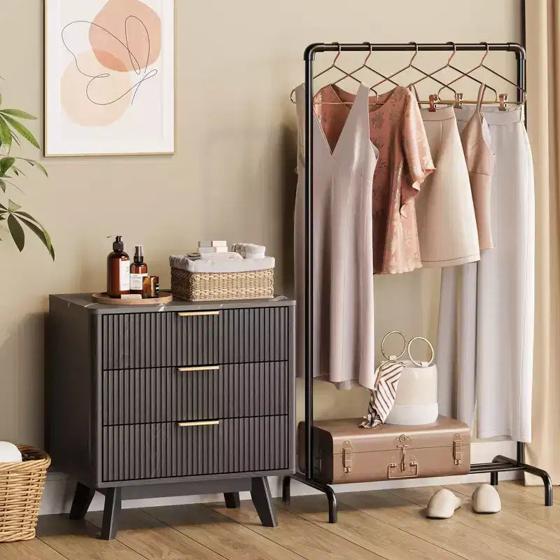 Set di 2 Comodini, Comodino Moderno con 3 Cassetti da 61 cm, Motivo a Onde Nero con Stazione di Ricarica, Tavolino da Notte per Camera da Letto/Soggiorno