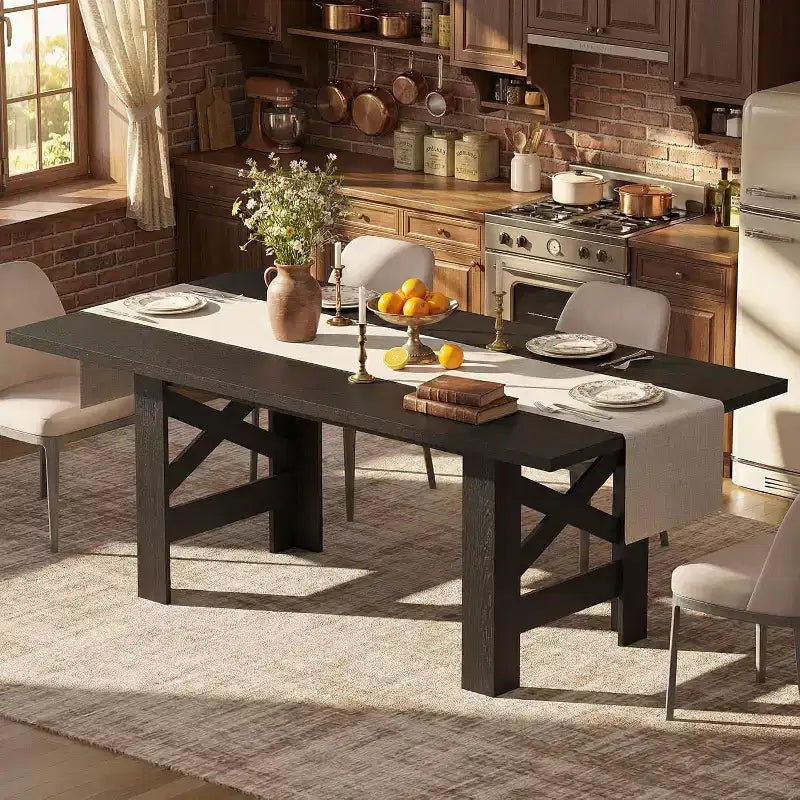 Tavolo da pranzo da fattoria da 180 cm per 6-8 persone, tavolo da cucina in legno con piano spesso e gambe triangolari, nero rustico per sala da pranzo o ufficio