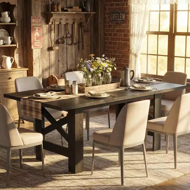 Tavolo da pranzo da fattoria da 180 cm per 6-8 persone, tavolo da cucina in legno con piano spesso e gambe triangolari, nero rustico per sala da pranzo o ufficio