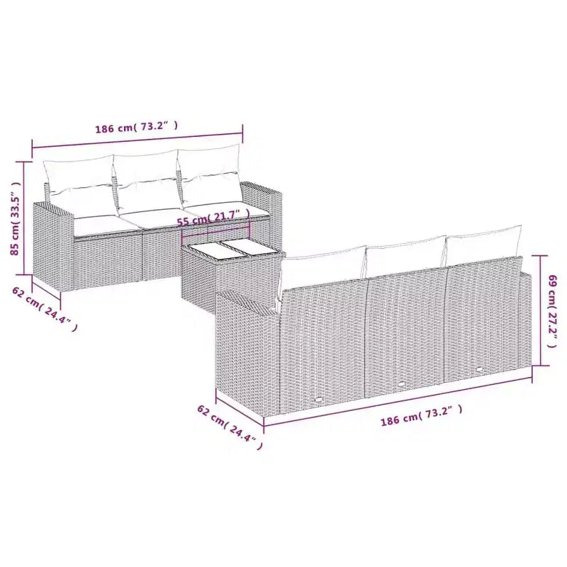 Set divani da esterno a 7 pezzi con cuscini in polyrattan nero