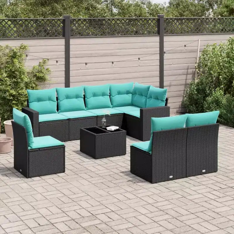 Set Divano da Patio da 9 Pezzi con Cuscini in Rattan Sintetico Nero