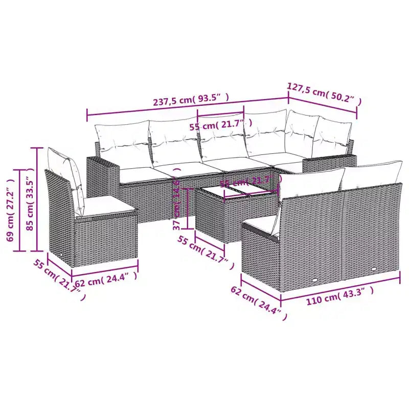 Set Divano da Patio da 9 Pezzi con Cuscini in Rattan Sintetico Nero