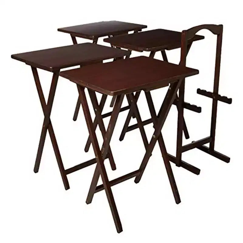 Tavolini Rettangolari Pieghevoli in Legno Massello Leggeri per Interni con Compatto Portaoggetti, Espresso (Set da 5 Pezzi)