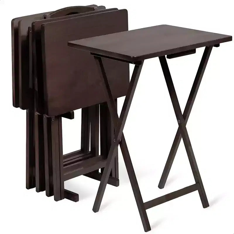 Tavolini Rettangolari Pieghevoli in Legno Massello Leggeri per Interni con Compatto Portaoggetti, Espresso (Set da 5 Pezzi)