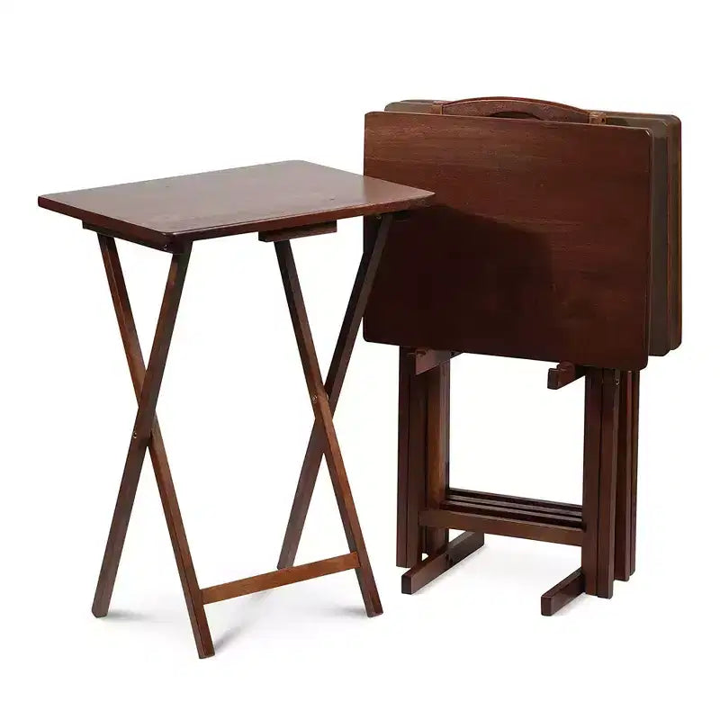 Tavolini Rettangolari Pieghevoli in Legno Massello Leggeri per Interni con Compatto Portaoggetti, Espresso (Set da 5 Pezzi)