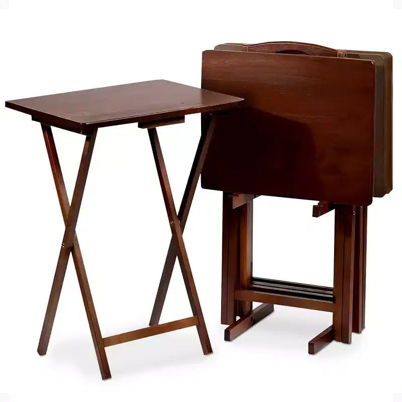 Tavolini Rettangolari Pieghevoli in Legno Massello Leggeri per Interni con Compatto Portaoggetti, Espresso (Set da 5 Pezzi)