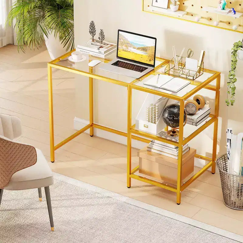 Scrivania per Computer con Scaffali, Scrivania da Ufficio 42 con Telaio in Metallo per Soggiorno Nero/Oro