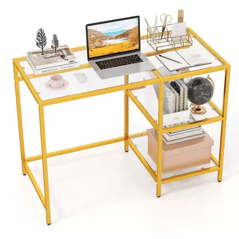 Scrivania per Computer con Scaffali, Scrivania da Ufficio 42 con Telaio in Metallo per Soggiorno Nero/Oro