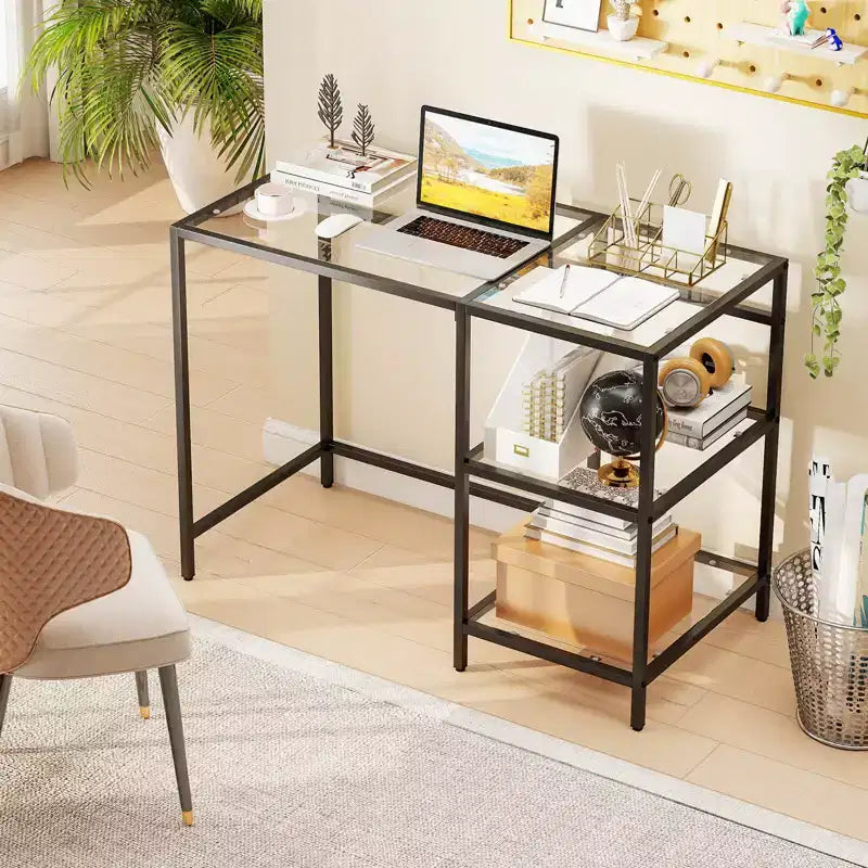 Scrivania per Computer con Scaffali, Scrivania da Ufficio 42 con Telaio in Metallo per Soggiorno Nero/Oro