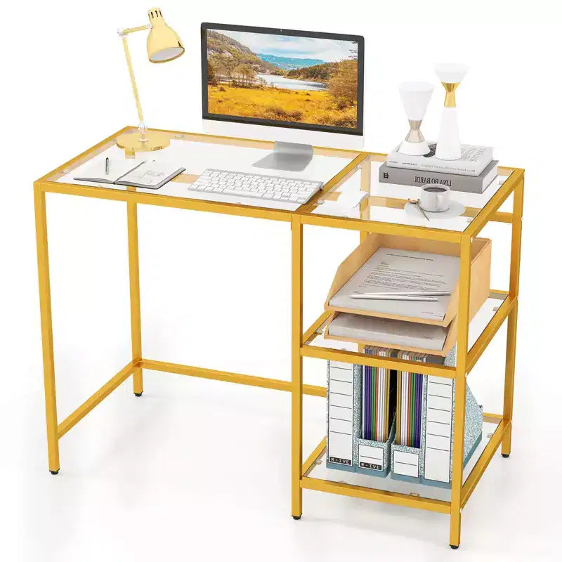 Scrivania per Computer con Scaffali, Scrivania da Ufficio 42 con Telaio in Metallo per Soggiorno Nero/Oro