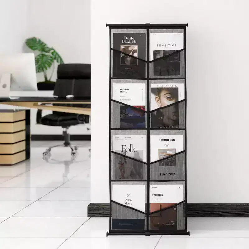 Espositore per Brochure, Porta Documenti a Rete a 4 Livelli e 8 Tasche, Espositore da Terra per Riviste Giornali Cataloghi, Leggero, Nero