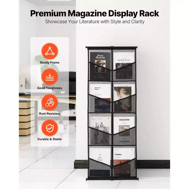 Espositore per Brochure, Porta Documenti a Rete a 4 Livelli e 8 Tasche, Espositore da Terra per Riviste Giornali Cataloghi, Leggero, Nero