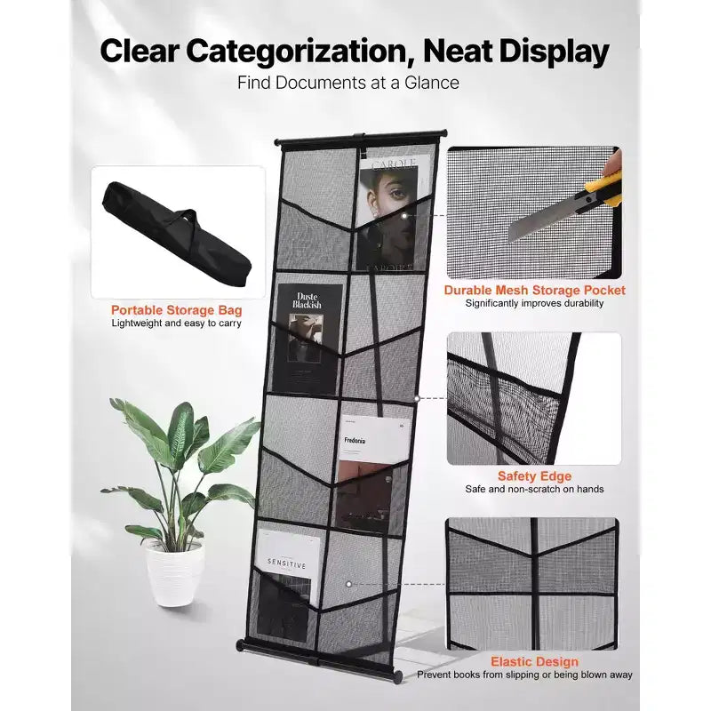 Espositore per Brochure, Porta Documenti a Rete a 4 Livelli e 8 Tasche, Espositore da Terra per Riviste Giornali Cataloghi, Leggero, Nero