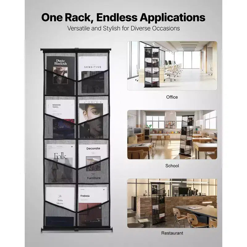 Espositore per Brochure, Porta Documenti a Rete a 4 Livelli e 8 Tasche, Espositore da Terra per Riviste Giornali Cataloghi, Leggero, Nero