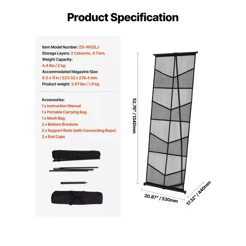 Espositore per Brochure, Porta Documenti a Rete a 4 Livelli e 8 Tasche, Espositore da Terra per Riviste Giornali Cataloghi, Leggero, Nero