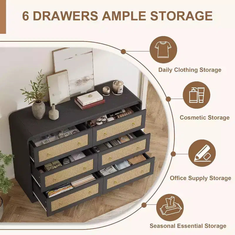 Cassettiera in rattan larga 117 cm, cassettiera a 6 cassetti, comò moderno, per camera da letto, soggiorno