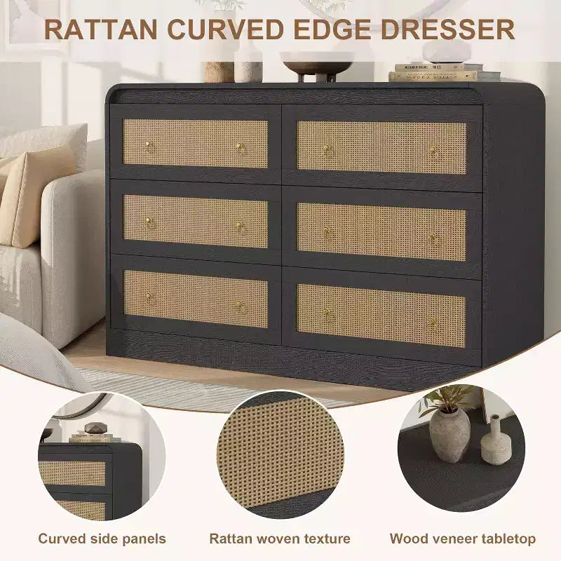 Cassettiera in rattan larga 117 cm, cassettiera a 6 cassetti, comò moderno, per camera da letto, soggiorno