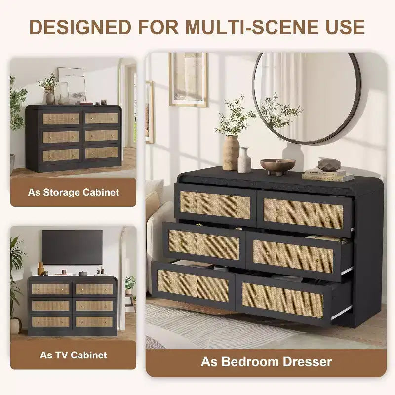 Cassettiera in rattan larga 117 cm, cassettiera a 6 cassetti, comò moderno, per camera da letto, soggiorno