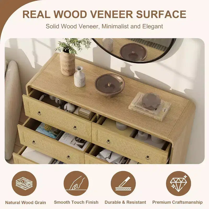 Cassettiera in rattan larga 117 cm, cassettiera a 6 cassetti, comò moderno, per camera da letto, soggiorno