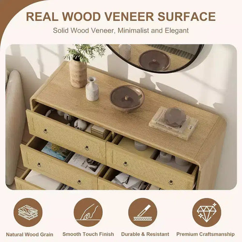 Cassettiera in rattan larga 117 cm, cassettiera a 6 cassetti, comò moderno, per camera da letto, soggiorno