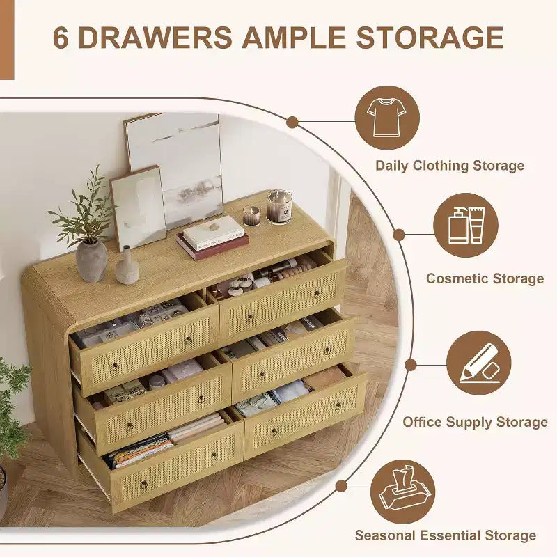 Cassettiera in rattan larga 117 cm, cassettiera a 6 cassetti, comò moderno, per camera da letto, soggiorno