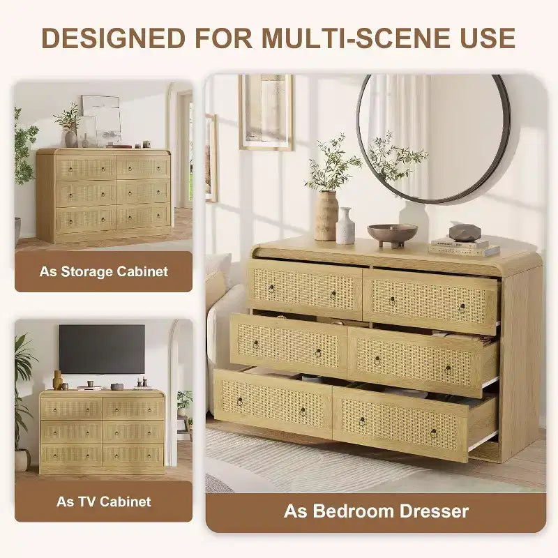 Cassettiera in rattan larga 117 cm, cassettiera a 6 cassetti, comò moderno, per camera da letto, soggiorno