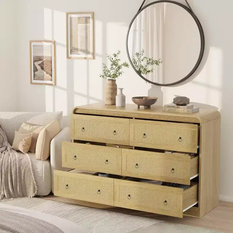 46 Wide Rattan Dresser, 6 Drawer Dresser, Modern Chest of Drawers, for Bedroom, Living Room