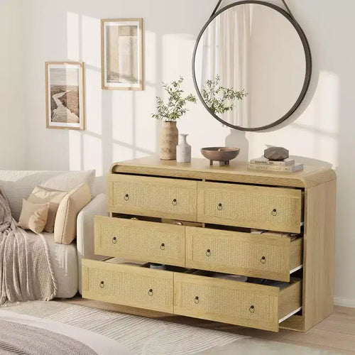 46 Wide Rattan Dresser, 6 Drawer Dresser, Modern Chest of Drawers, for Bedroom, Living Room