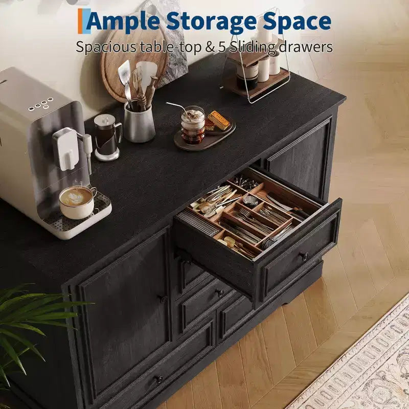 Mobile Credenza Stile Rustico con 5 Cassetti e 2 Ante, Mobile Bar in Legno, Ripiani Regolabili, per Sala da Pranzo, Soggiorno
