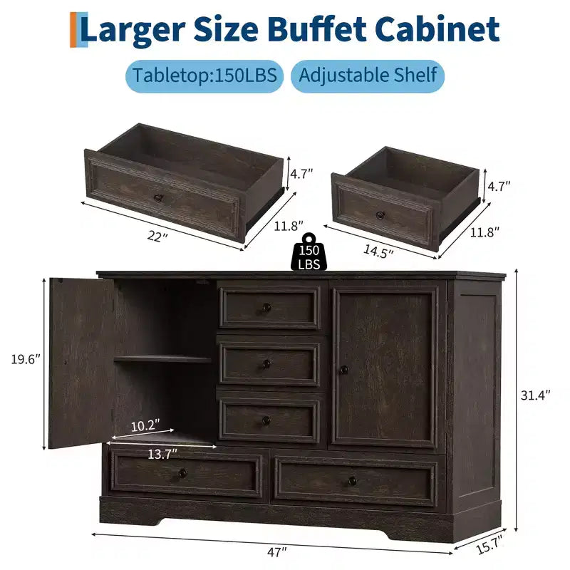 Mobile Credenza Stile Rustico con 5 Cassetti e 2 Ante, Mobile Bar in Legno, Ripiani Regolabili, per Sala da Pranzo, Soggiorno