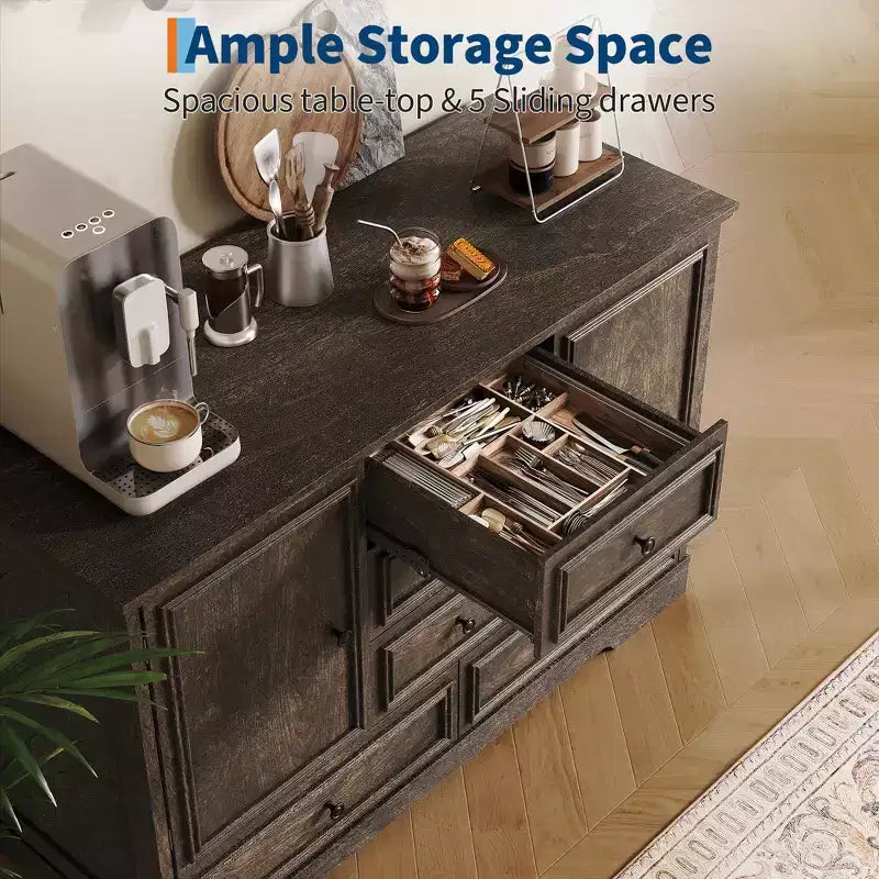 Mobile Credenza Stile Rustico con 5 Cassetti e 2 Ante, Mobile Bar in Legno, Ripiani Regolabili, per Sala da Pranzo, Soggiorno