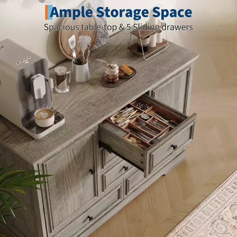 Mobile Credenza Stile Rustico con 5 Cassetti e 2 Ante, Mobile Bar in Legno, Ripiani Regolabili, per Sala da Pranzo, Soggiorno