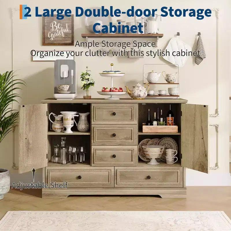 Mobile Credenza Stile Rustico con 5 Cassetti e 2 Ante, Mobile Bar in Legno, Ripiani Regolabili, per Sala da Pranzo, Soggiorno